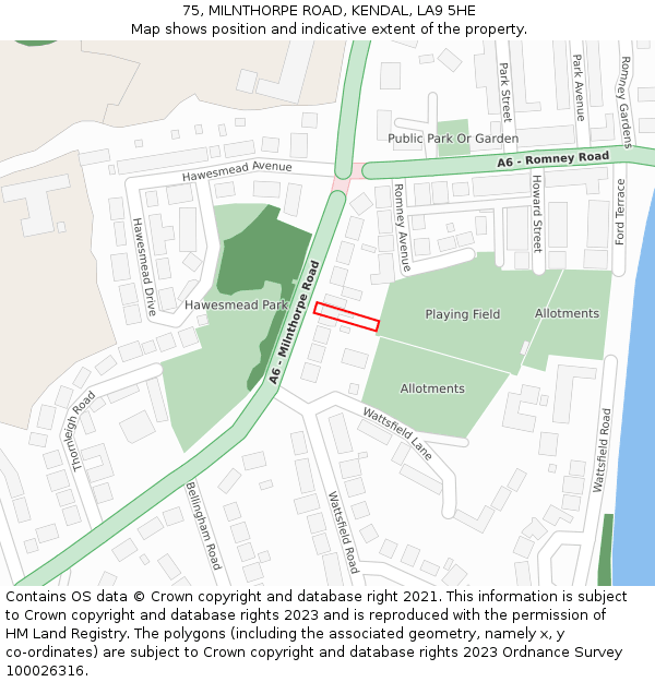 75, MILNTHORPE ROAD, KENDAL, LA9 5HE: Location map and indicative extent of plot