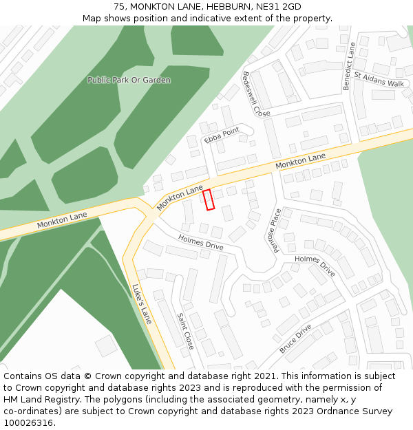 75, MONKTON LANE, HEBBURN, NE31 2GD: Location map and indicative extent of plot