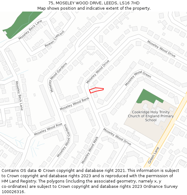 75, MOSELEY WOOD DRIVE, LEEDS, LS16 7HD: Location map and indicative extent of plot