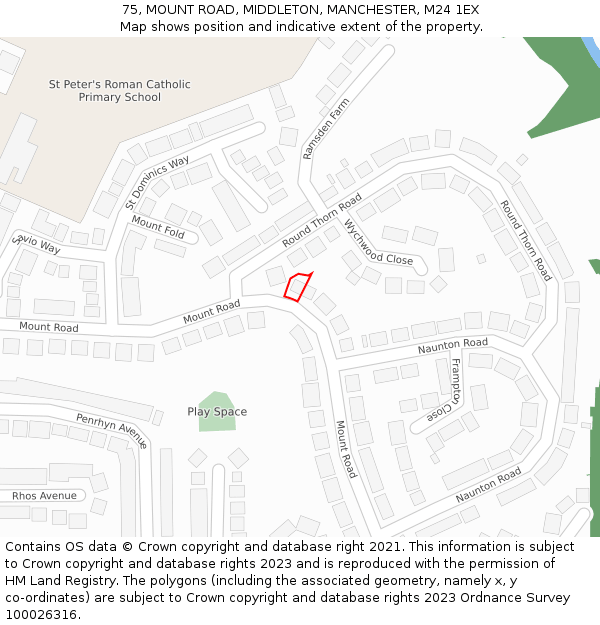 75, MOUNT ROAD, MIDDLETON, MANCHESTER, M24 1EX: Location map and indicative extent of plot