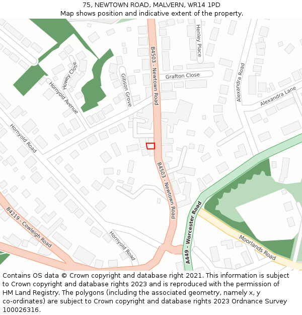 75, NEWTOWN ROAD, MALVERN, WR14 1PD: Location map and indicative extent of plot