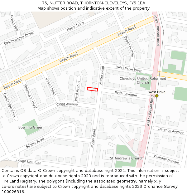 75, NUTTER ROAD, THORNTON-CLEVELEYS, FY5 1EA: Location map and indicative extent of plot