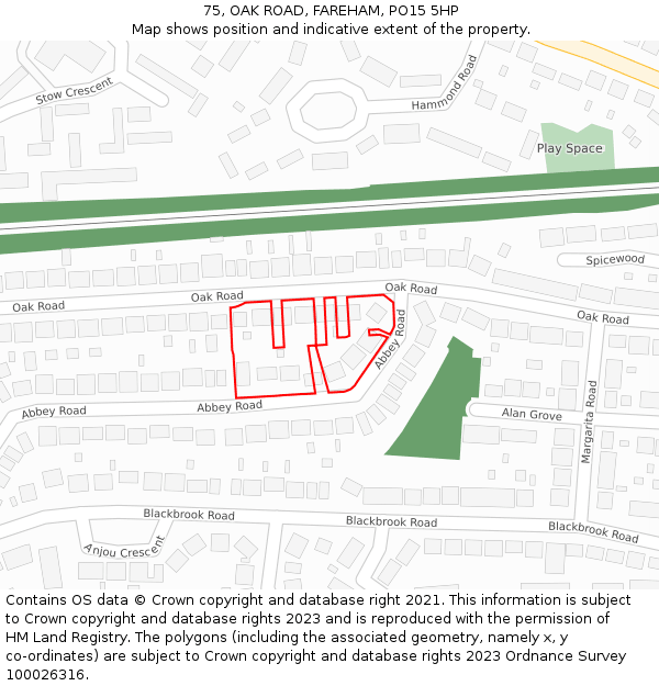 75, OAK ROAD, FAREHAM, PO15 5HP: Location map and indicative extent of plot