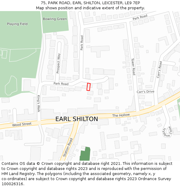 75, PARK ROAD, EARL SHILTON, LEICESTER, LE9 7EP: Location map and indicative extent of plot