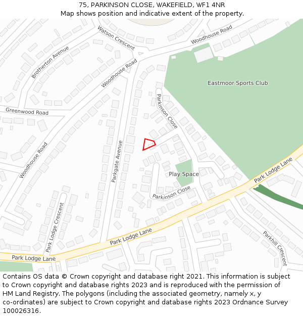 75, PARKINSON CLOSE, WAKEFIELD, WF1 4NR: Location map and indicative extent of plot