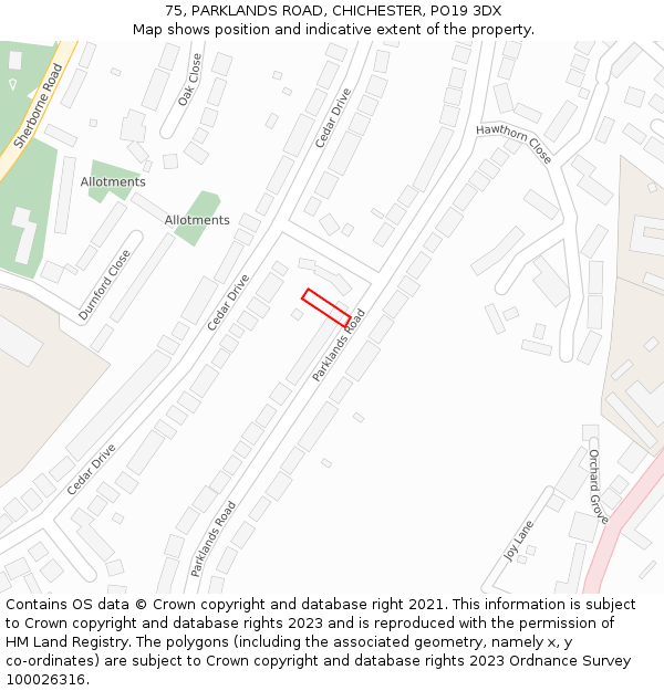 75, PARKLANDS ROAD, CHICHESTER, PO19 3DX: Location map and indicative extent of plot