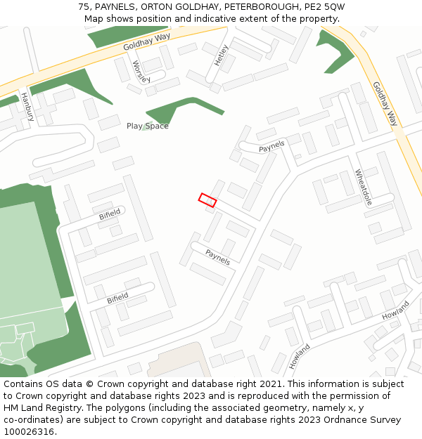 75, PAYNELS, ORTON GOLDHAY, PETERBOROUGH, PE2 5QW: Location map and indicative extent of plot