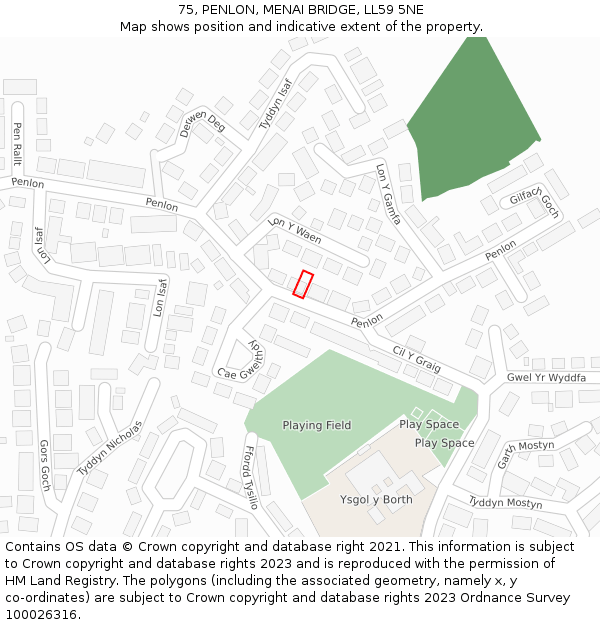 75, PENLON, MENAI BRIDGE, LL59 5NE: Location map and indicative extent of plot