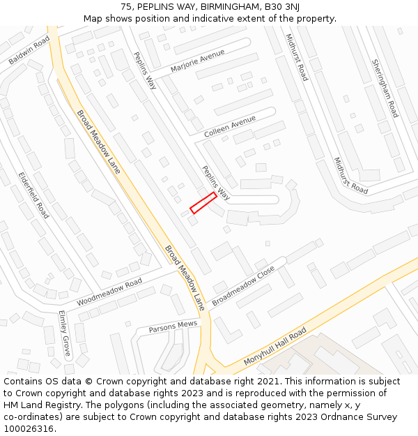 75, PEPLINS WAY, BIRMINGHAM, B30 3NJ: Location map and indicative extent of plot