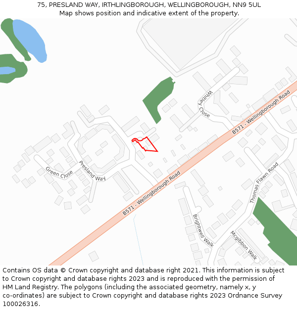 75, PRESLAND WAY, IRTHLINGBOROUGH, WELLINGBOROUGH, NN9 5UL: Location map and indicative extent of plot