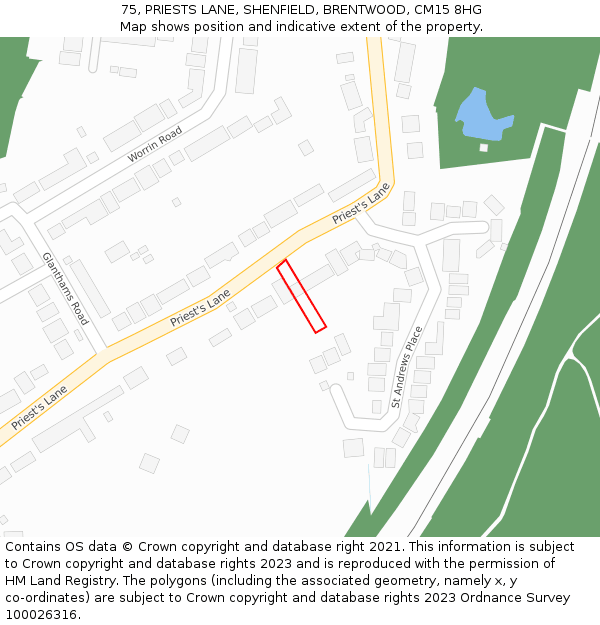 75, PRIESTS LANE, SHENFIELD, BRENTWOOD, CM15 8HG: Location map and indicative extent of plot