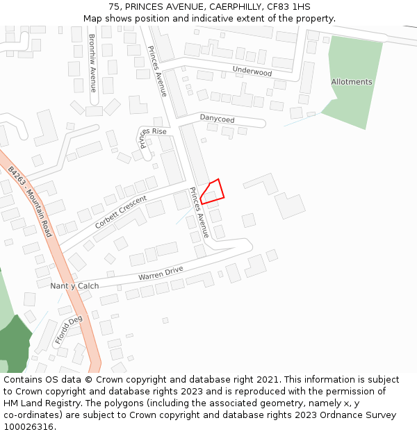 75, PRINCES AVENUE, CAERPHILLY, CF83 1HS: Location map and indicative extent of plot