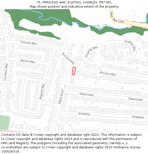 75, PRINCESS WAY, EUXTON, CHORLEY, PR7 6PL: Location map and indicative extent of plot