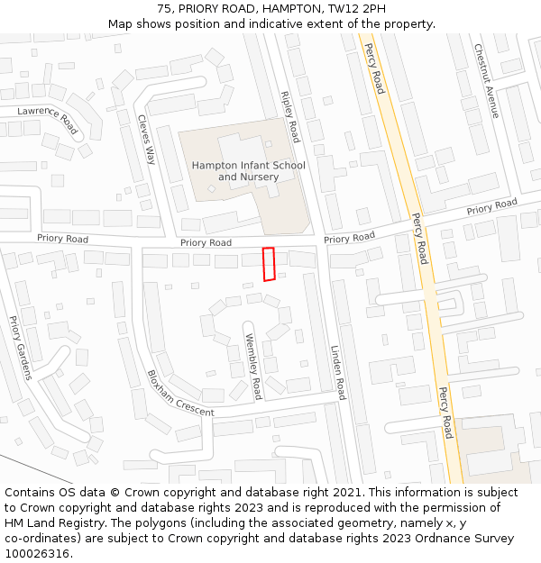 75, PRIORY ROAD, HAMPTON, TW12 2PH: Location map and indicative extent of plot