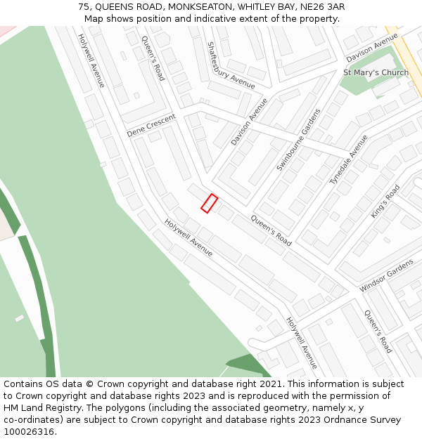 75, QUEENS ROAD, MONKSEATON, WHITLEY BAY, NE26 3AR: Location map and indicative extent of plot