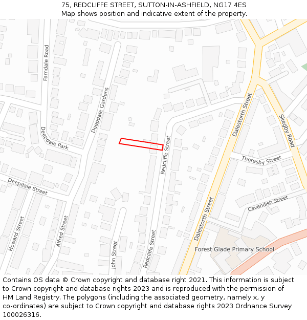 75, REDCLIFFE STREET, SUTTON-IN-ASHFIELD, NG17 4ES: Location map and indicative extent of plot