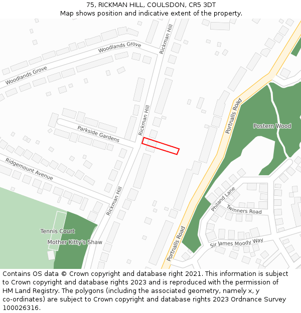 75, RICKMAN HILL, COULSDON, CR5 3DT: Location map and indicative extent of plot