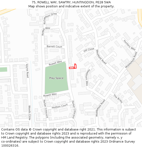 75, ROWELL WAY, SAWTRY, HUNTINGDON, PE28 5WA: Location map and indicative extent of plot