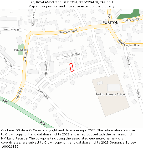 75, ROWLANDS RISE, PURITON, BRIDGWATER, TA7 8BU: Location map and indicative extent of plot