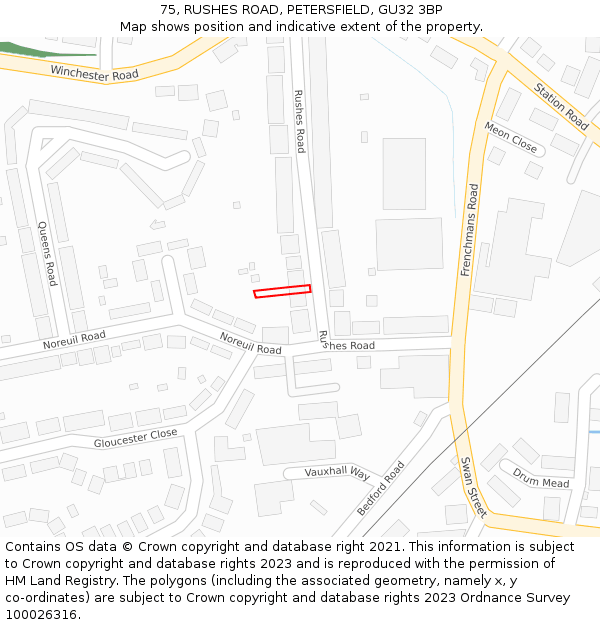 75, RUSHES ROAD, PETERSFIELD, GU32 3BP: Location map and indicative extent of plot