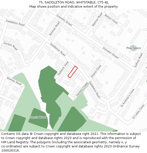 75, SADDLETON ROAD, WHITSTABLE, CT5 4JL: Location map and indicative extent of plot