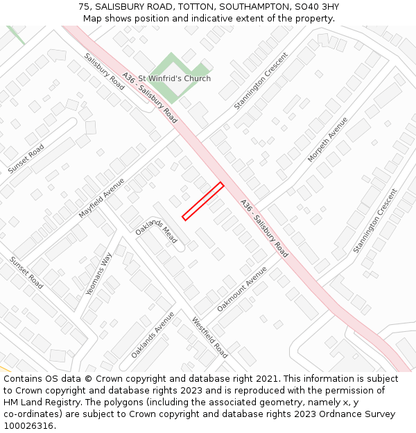 75, SALISBURY ROAD, TOTTON, SOUTHAMPTON, SO40 3HY: Location map and indicative extent of plot