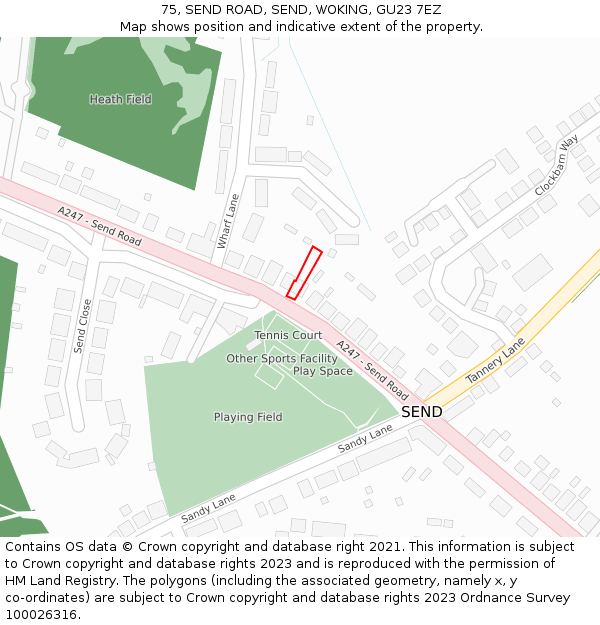 75, SEND ROAD, SEND, WOKING, GU23 7EZ: Location map and indicative extent of plot