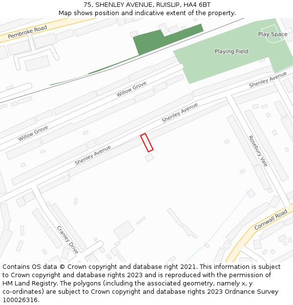 75, SHENLEY AVENUE, RUISLIP, HA4 6BT: Location map and indicative extent of plot