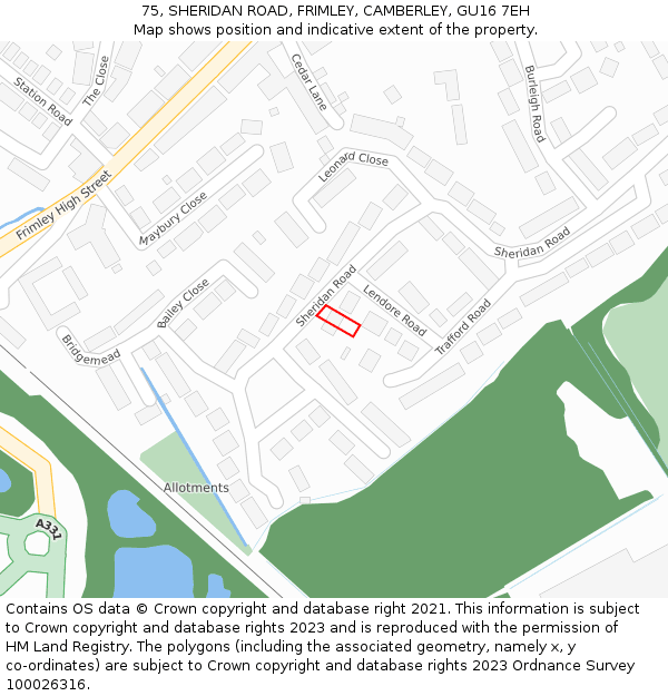 75, SHERIDAN ROAD, FRIMLEY, CAMBERLEY, GU16 7EH: Location map and indicative extent of plot