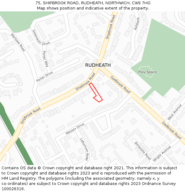 75, SHIPBROOK ROAD, RUDHEATH, NORTHWICH, CW9 7HG: Location map and indicative extent of plot