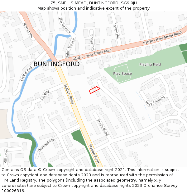 75, SNELLS MEAD, BUNTINGFORD, SG9 9JH: Location map and indicative extent of plot