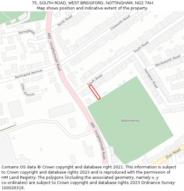 75, SOUTH ROAD, WEST BRIDGFORD, NOTTINGHAM, NG2 7AH: Location map and indicative extent of plot