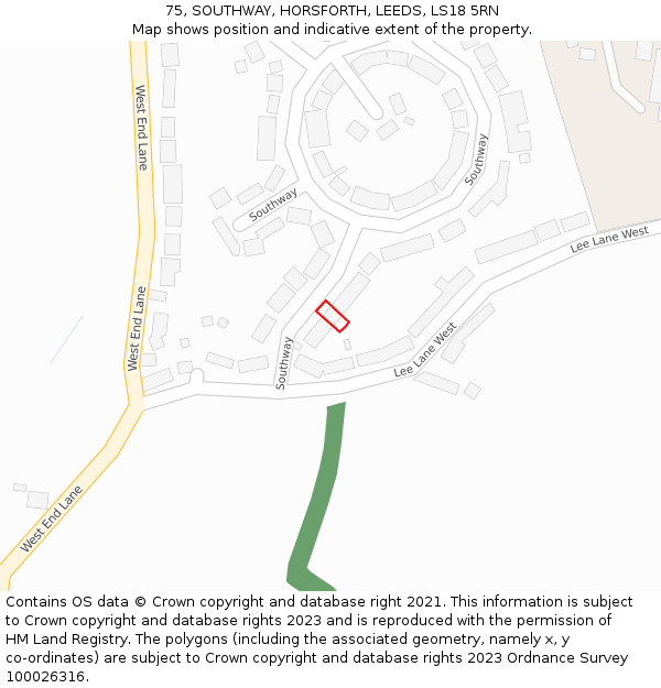 75, SOUTHWAY, HORSFORTH, LEEDS, LS18 5RN: Location map and indicative extent of plot