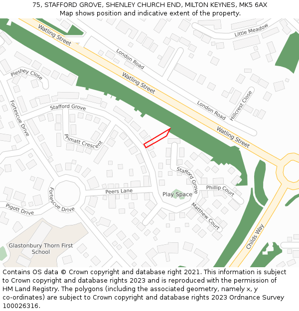 75, STAFFORD GROVE, SHENLEY CHURCH END, MILTON KEYNES, MK5 6AX: Location map and indicative extent of plot