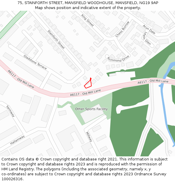 75, STAINFORTH STREET, MANSFIELD WOODHOUSE, MANSFIELD, NG19 9AP: Location map and indicative extent of plot