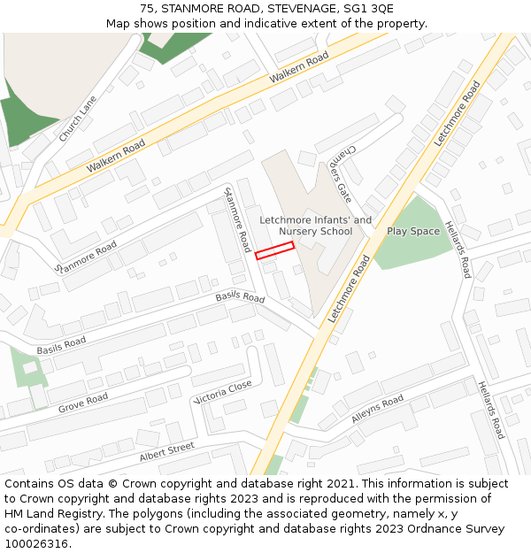 75, STANMORE ROAD, STEVENAGE, SG1 3QE: Location map and indicative extent of plot