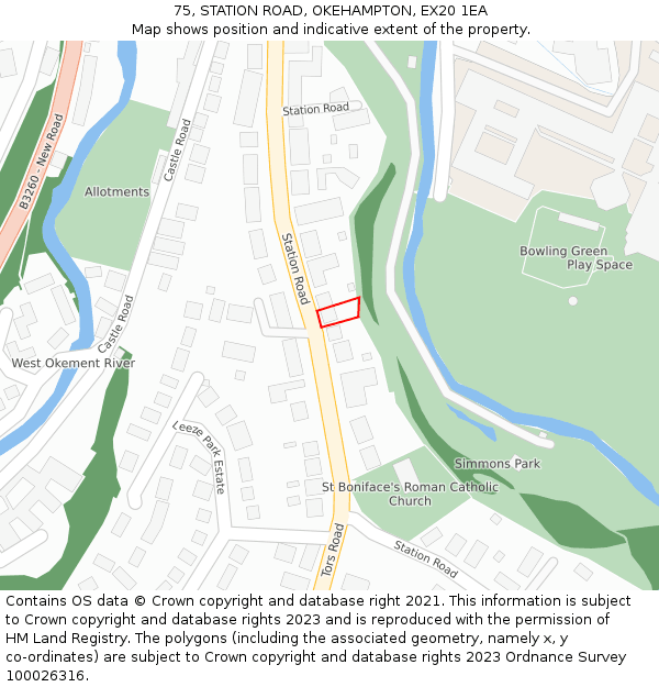 75, STATION ROAD, OKEHAMPTON, EX20 1EA: Location map and indicative extent of plot