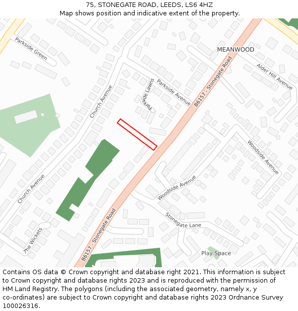 75, STONEGATE ROAD, LEEDS, LS6 4HZ: Location map and indicative extent of plot