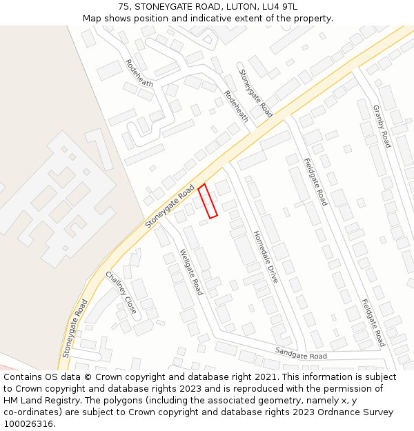 75, STONEYGATE ROAD, LUTON, LU4 9TL: Location map and indicative extent of plot