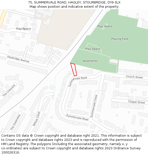 75, SUMMERVALE ROAD, HAGLEY, STOURBRIDGE, DY9 0LX: Location map and indicative extent of plot