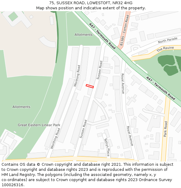 75, SUSSEX ROAD, LOWESTOFT, NR32 4HG: Location map and indicative extent of plot