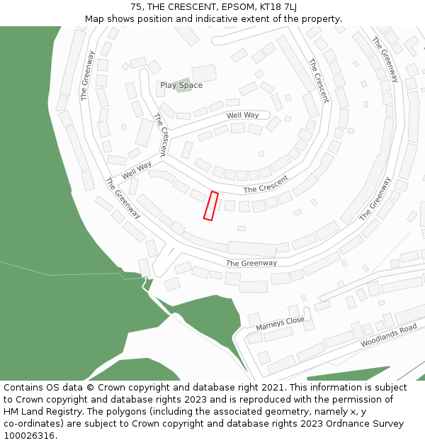 75, THE CRESCENT, EPSOM, KT18 7LJ: Location map and indicative extent of plot