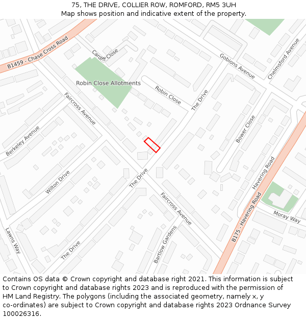 75, THE DRIVE, COLLIER ROW, ROMFORD, RM5 3UH: Location map and indicative extent of plot