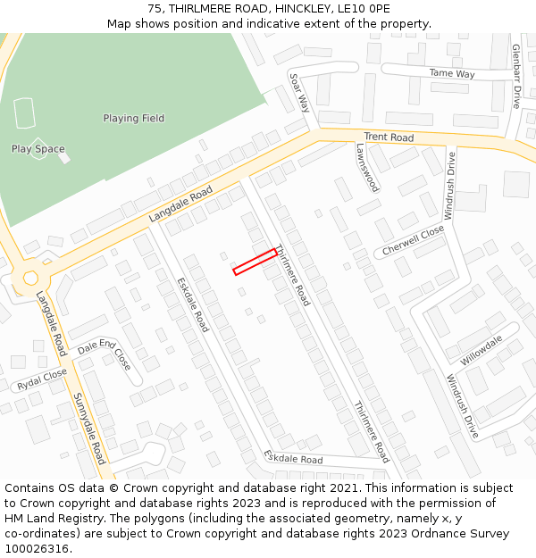 75, THIRLMERE ROAD, HINCKLEY, LE10 0PE: Location map and indicative extent of plot