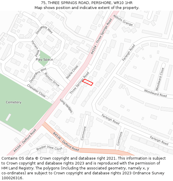 75, THREE SPRINGS ROAD, PERSHORE, WR10 1HR: Location map and indicative extent of plot