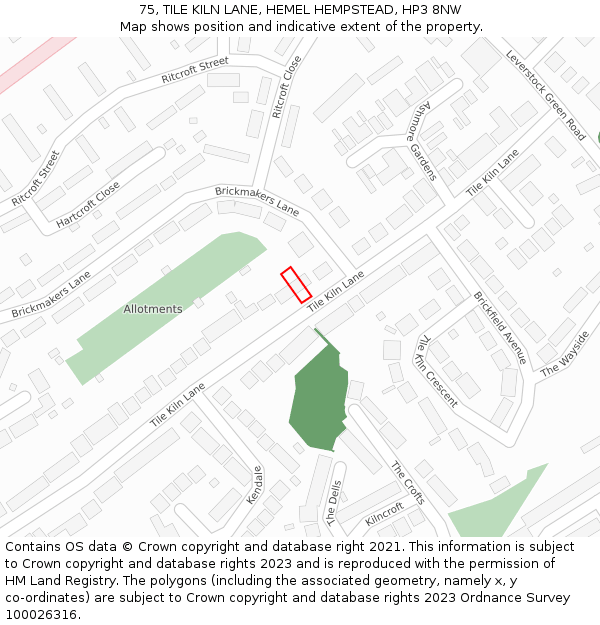 75, TILE KILN LANE, HEMEL HEMPSTEAD, HP3 8NW: Location map and indicative extent of plot