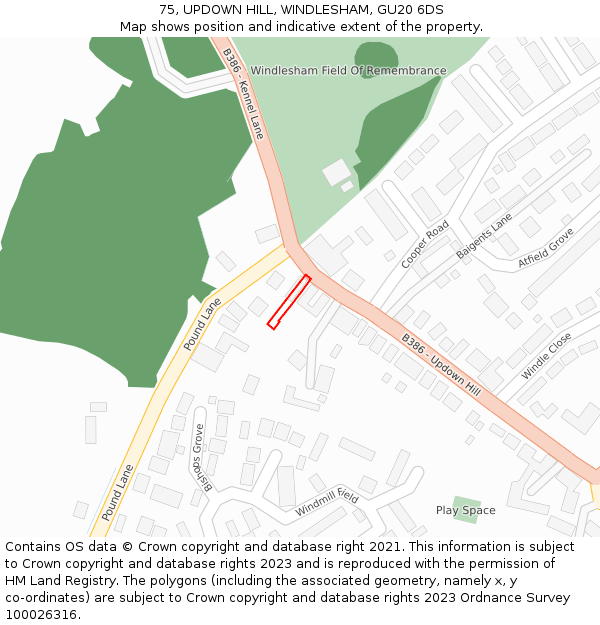 75, UPDOWN HILL, WINDLESHAM, GU20 6DS: Location map and indicative extent of plot