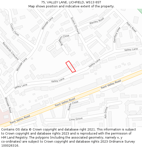 75, VALLEY LANE, LICHFIELD, WS13 6ST: Location map and indicative extent of plot