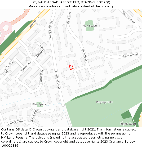 75, VALON ROAD, ARBORFIELD, READING, RG2 9QQ: Location map and indicative extent of plot