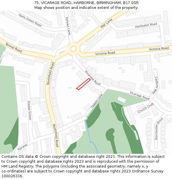 75, VICARAGE ROAD, HARBORNE, BIRMINGHAM, B17 0SR: Location map and indicative extent of plot